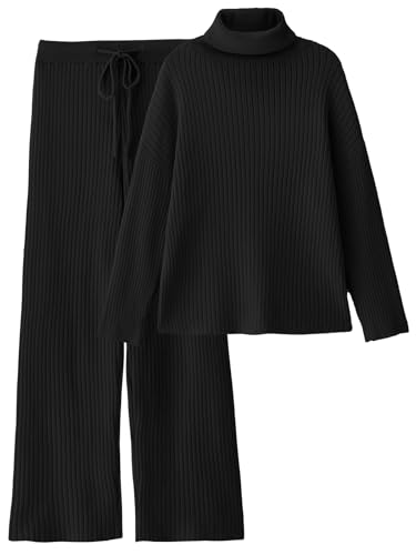 LILLUSORY Women 2 Two Piece Outfits Winter Clothes Turleneck Sweater Matching Lounge Sets Wide Leg Pants 2025 Fall Trendy Cozy Ribbed Knit Sweatsuits Sweat Suit Travel Loungewear Black M