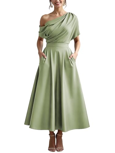 Satin Wedding Guest Dresses for Women Tea Length One Shoulder