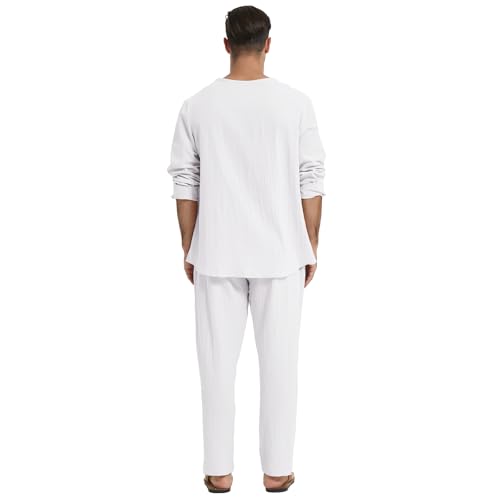 ANBOBER Conjunto masculino de 2 peças de linho de algodão manga comprida Henley camisa casual de pra