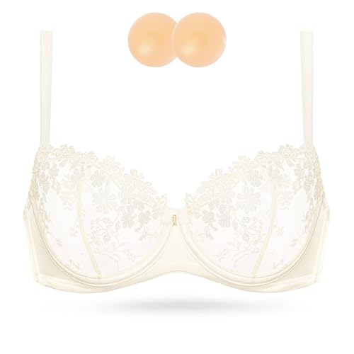 Image of Wingslove Women's Sexy Lace Bra Demi Sheer Mesh Balconette See Through Bralette Unlined Underwire Embroidered