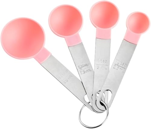 ステンレス製計量スプーンセット 大さじ・小さじ付き マグネット式 スパイスジャー用 計量精度高め (ピンク)
