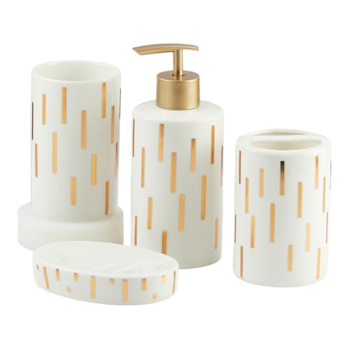 Image of Kookee Ceramic Bathroom Accessories Set of 4, Modern Bath Set with Liquid handwash Soap Dispenser and Toothbrush Holder, Luxury Gift Accessory for Home (11374)