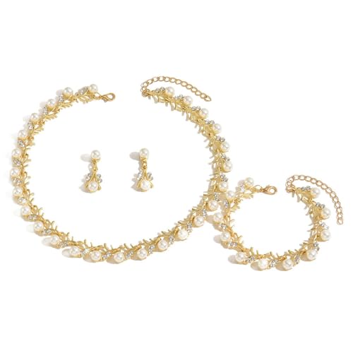 XFSRG Conjunto de Joyas Vintage de 3 Piezas con Perlas Collar Pendientes y Pulsera con Strass Ajustable Ligero para Bodas Noches y Looks Elegantes (Oro)