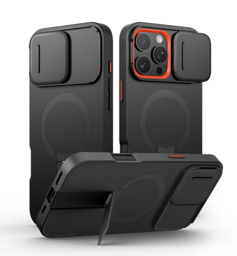 Image of SURITCH for iPhone 16 Pro Max Case with Magnetic Camera Slide Cover and Adjustable Kickstand, Compatible with MagSafe, Shockproof Bumper Case Slim Protective Cover 6.9 Inch, Black
