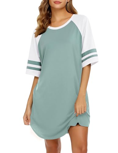 Ekouaer Cotton Nightgowns for Women Short Sleeve Sleep Shirts Crew Neck Night Shirts Soft Color Block Night Gown