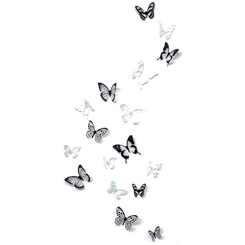 4yourpet Mariposas 3D Negro de Color Blanco, Decoración para Pared, Pared Adhesivo con Purpurina 18 Unidades
