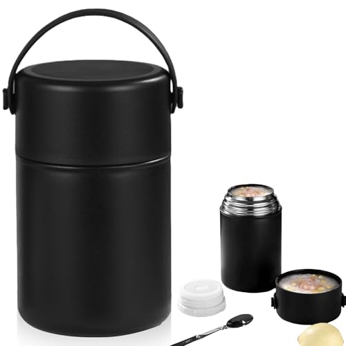 Recipiente térmico para alimentos, 850 ml, de acero inoxidable, con cuchara plegable, para guardar el calor, fiambrera, termo, para alimentos, gachas, sopa y yogur (negro)