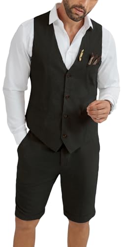 HUEZOE Herren-Leinenanzug, 2-teilig, kurze Anzüge für Herren, lässig, Sommer, Strand, Bräutigam, Hochzeit, Anzug, Leinenweste, Shorts-Set, Schwarz, 4XL HUEZOE Herren-Leinenanzug, 2-teilig, kurze Anzüge für Herren, lässig, Sommer, Strand, Bräutigam, Hochzeit, Anzug, Leinenweste, Shorts-Set, Schwarz, 4XL
