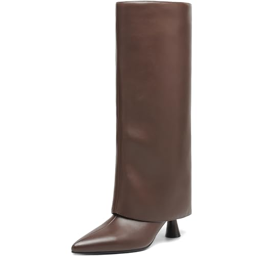 Womens Knee High Boots Fold over Shark Boots Slouchy Pointed Toe, Tall Boots Faux Leather Dress Boots