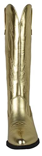Soda Women Cowgirl Cowboy Western Stitched Boots Pointy Toe Knee High Gold 8 #TOP2
