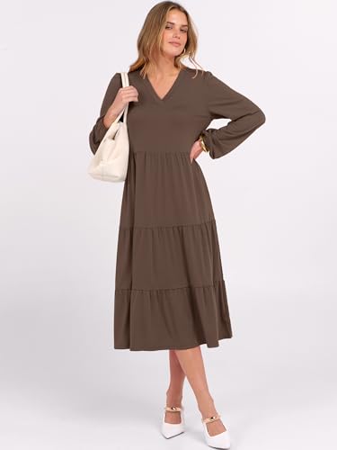 Image of ANRABESS Women's Long Lantern Sleeve Floral Midi Dresses 2026 Fall V Neck Casual Flowy A-line Tiered Boho Vacation Dress