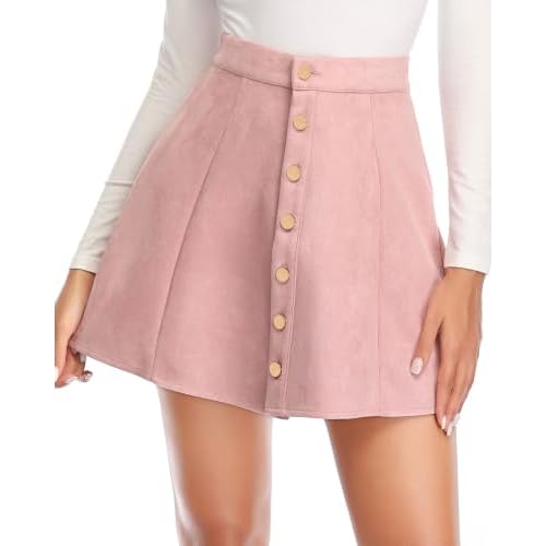 Fuinloth Women's Faux Suede Mini Skirt Button Front High Waist A-Line Flare…