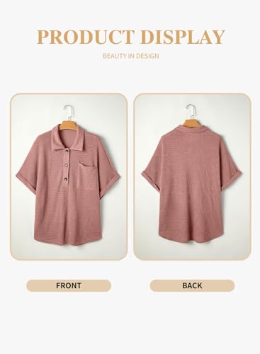 Eytino Women Plus Size Waffle Knit Tops Henley Shirts Short Sleeve V Neck Solid Color Casual Blouse Tunic(1X-5X)4