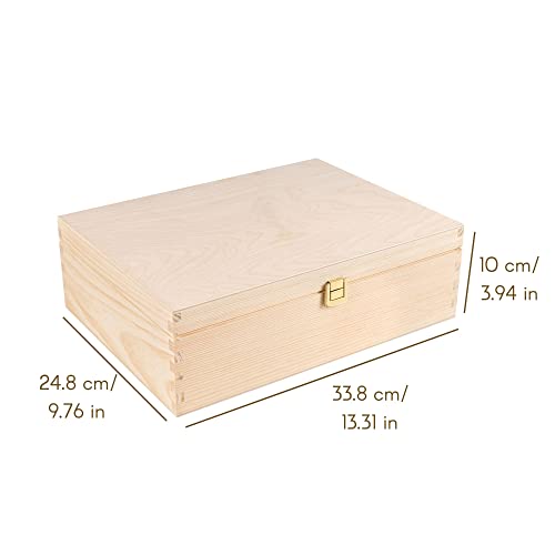 Creative Deco A4 Wooden Storage Box Unpainted Plain | 33.8x24.8x10 (+/-1cm) | Golden Latch & Hinged Lid | Easter Gift Storing Files Documents & Valuables in the Office Bedroom | Jewellery Box