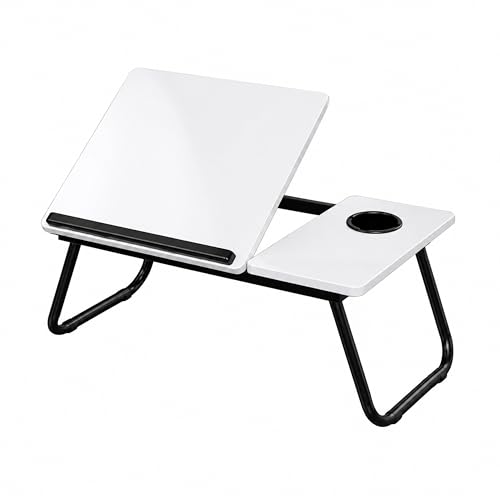Image of Ant Esports Bravo LT200 Adjustable Foldable Laptop Table for Bed with Side Tray, Cup Holder & Stopper, Portable Work from Home Desk, Wooden Study Desk for Reading & Gaming, 56 x 32.5 x 23 cm, White
