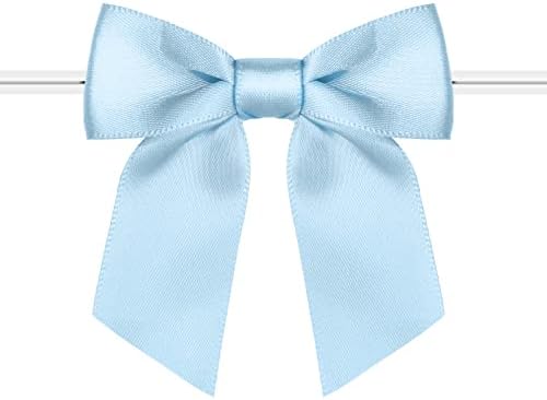 Rainbow Pana 120 Pack Twist Tie Bows for Treat Bags 2.5" Baby Blue Satin Ribbon Bows for Package Craft Gift Wrapping Decoration