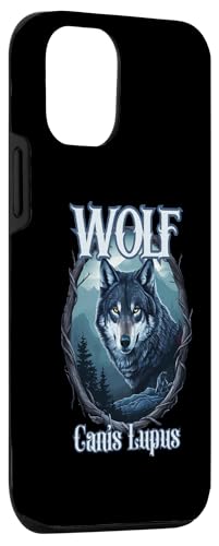 Hülle für iPhone 15 Pro Wolf Canis Lupus mit Holzrahmen und Bergblick Design
