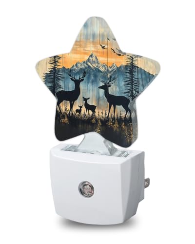Image of Rustic Woodland Deer Plug in Star Night Light, Night Light with Sensor for Kids Nursery Bedroom, Decorative Soft Glow Lamp for Hallway Bathroom, Energy Saving