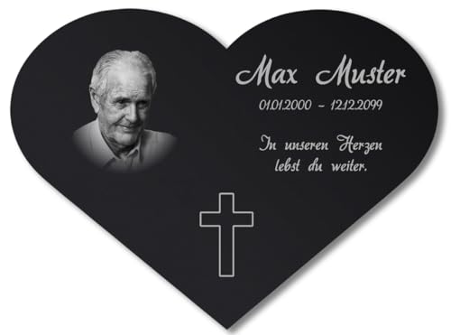 Paule Black Personalisierter Herz Grabschmuck Foto Gravur - Acrylglas Schwarz Hochglanz 400 x 300 mm - wetterfest und wasserfest für Draußen und Innen, für Opa, Oma, Mama, Papa und andere Verstorbene