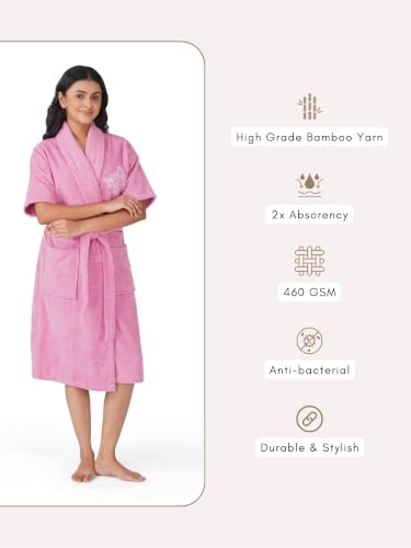 Image of RANGOLI Premium Women's Knee-Length 460 GSM Bamboo Bathrobe in Half Sleeves with 2 Pockets & Belt Closure with Ultra Soft Fabric & Skin-Friendly (Purple-L) | Royal Bamboo