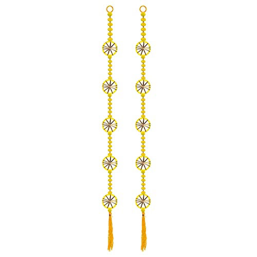 Image of Rajasthan Kraft Yellow Long Hanging Decoration with Wheel Design & Pom Pom with Tassels | Pack of 2 (55 Inch)|Traditional Door & Wall Decor for Diwali, Navratri, Weddings(RK-34805-2).