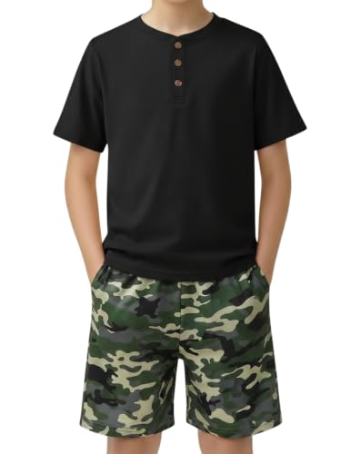 Image of Arshiner Boy's Textured Button Up Shirt and Shorts Set 2 Piece Summer Beach Outfit for 5~12 Years Kids