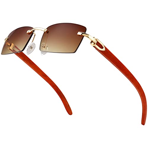 Dollger Rimless Rectangle Sunglasses for Men Women Hip-hop Plastic Imitation Woodgrain Legs Small Square Sunglasses Colorful Fashion Frameless 70s 90s Shades (Imitation Wood-Gold Frames/Brown Len)