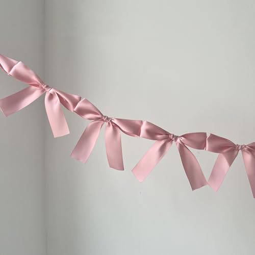 Image of Rosewood Blush Pink Bow Garland - Pre-Assembled 6ft Rustic Baby Shower Decor, Coquette Birthday & Bridal Shower Backdrop, Thick Matte Satin Bow Decor
