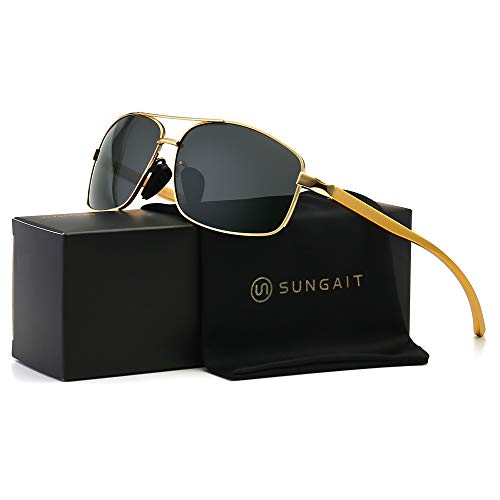 SUNGAIT Ultra Lightweight Rectangular Polarized Sunglasses UV400 Protection (Gold Frame Grey Lens, 62) Metal Frame 2458 JKH