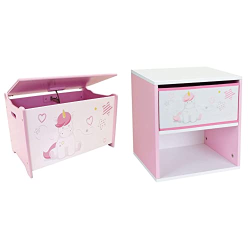 FUN HOUSE 713050 LICORNE Coffre à jouets pour enfant, à partir de 3 ans & 713045 LICORNE Chevet/Table de nuit pour enfant, Blanc/Rose, à partir de 2 ans