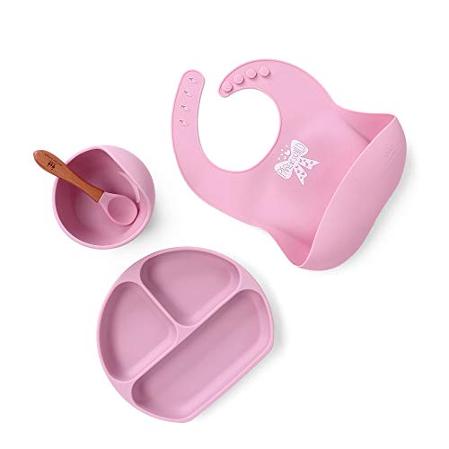 Silicone Baby Feeding Set-Baby Feeding Supplies with Suction Bowl?Divided Plate?Adjustable Bib?Soft Spoon-BPA Free Tableware Self Feeding Set-Easily Clean Infant Training Eating Utensils (Pink)
