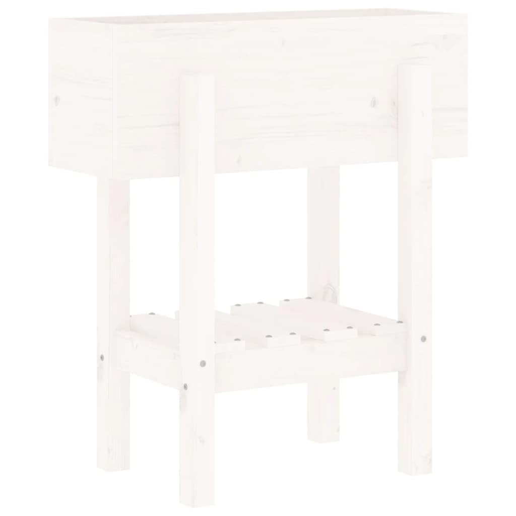 Macetero blanco 62 x 30 x 69 cm de madera de pino maciza, ideal para jardín, balcón y terraza, con práctica bandeja para herramientas de jardín y flores