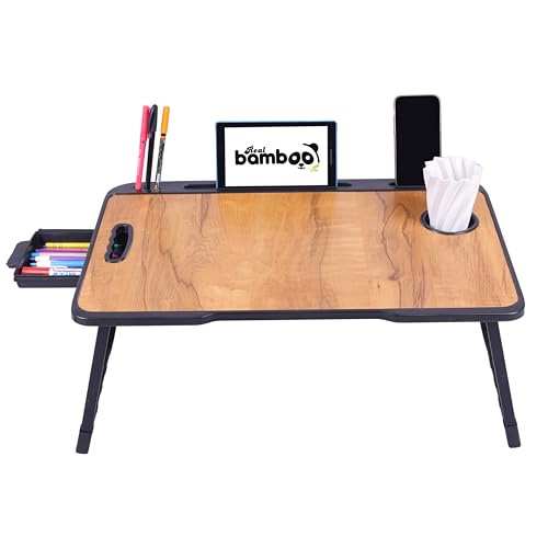 Real Bamboo Wood Smart Multipurpose Foldable Laptop Table with Cup Holder, Study Table, Bed...
