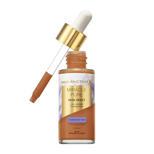 Max Factor Miracle Pure 2in1 Skin Reset Serum Foundation, 85-90, Medium to Deep, formula vegan, uniforma l’incarnato, copertura media, finish matte satinato, Formula Niacinamide e Bisabololo, 30 ml