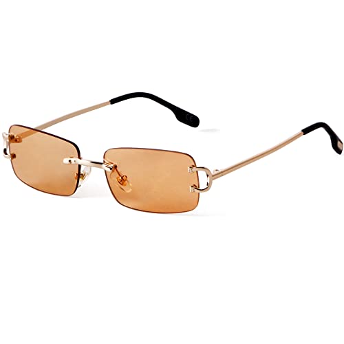 Image of Laurinny Vintage Rimless Sunglasses Retro Rectangle Sunglasses for Men Women Trendy Sun Glasses Shades 90s Eyewear(Gold/Champagne)