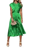 PRETTYGARDEN Women's 2023 Summer Satin Midi Dress Cap Sleeve Tie Waist Elegant A-Line Flowy Dresses (Grass Green,X-Large)