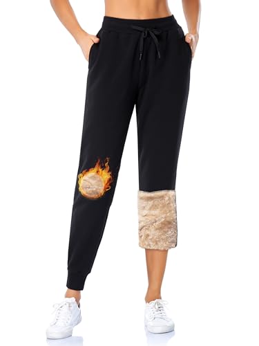 MOVE BEYOND Donna Pantaloni da Jogging in Felpa con Fodera di Sherpa Calda con 2 Tasche Athletic Fleece Pantaloni da Jogging con Coulisse, S, Nero, Fodera in Pile