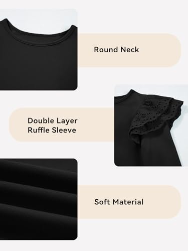 DOKOTOO KIDS Girls Black Shirts Fall Long Sleeve Tops Casual Crewneck Ruffle Knit Blouse 2025 Trendy School Tee Tween Girl Fashion Dressy Lace Cute T-Shirt Solid Winter Clothing Black 12-13 Years