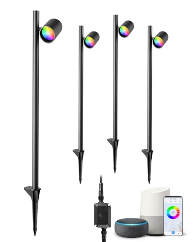 EDISHINE 48Ft Smart LED Landscape Lighting, 300LM Low Voltage Outdoor Spotlgiht, RGBW IP67 Waterproof 12V Landscape Lights, APP Control, Height & 320° Head Adjustable, Compatible with Alexa, 4 Pack