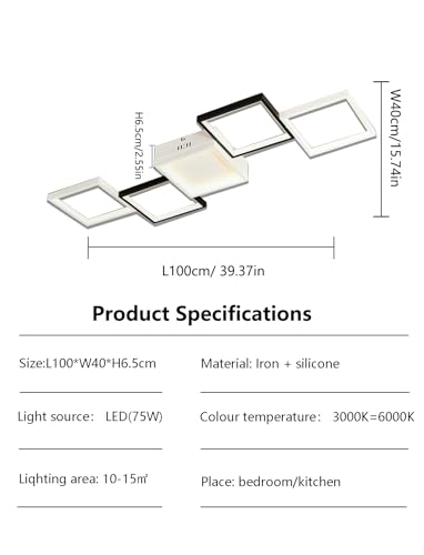 Plafonnier LED pour chambre à coucher, lustre carré noir variable avec télécommande salon - 4