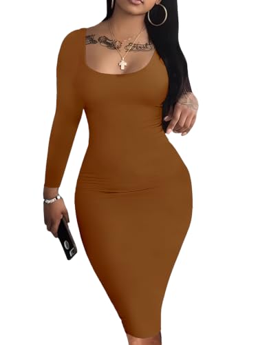Image of Nimsruc Womens Autumn Casual Sexy Long Sleeves Bodycon Dress Basic Pencil Midi Club Dresses