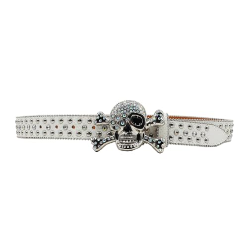 Unisex Bling Rhinestone Skull Head & Cross Buckle Belt, Embossed Studded Leather Strap For Jeans Pants Jacket4