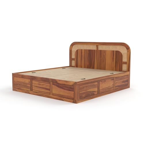 Image of Sheesham Wood Cane Bed with Box Storage for Bedroom | King Size Wooden Double Bed Palang with Curved Rattan Headboard (Honey Finish)