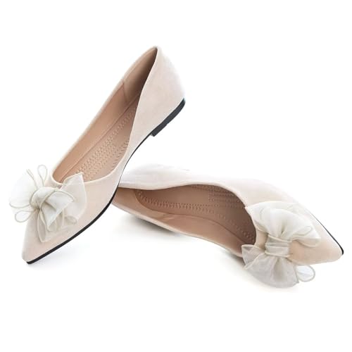 Image of SAILING LU Womens Bowknot Ballet Flats Pointy Toe Suede | Casual Flat Shoes, Dressy Wear to Work, Moccasins, Slip-Ons
