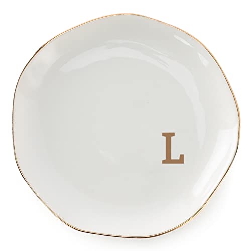 VINCOMIC Inicials - Bandeja de joyería con monograma en L, regalos de boda, compromiso para mujeres, amigas, hermanas, cerámica blanca