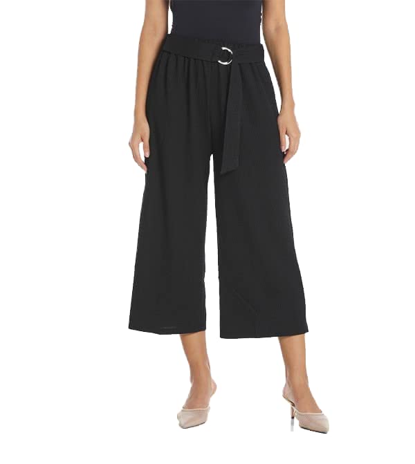 Womens Black Solid Belted Culottes -L