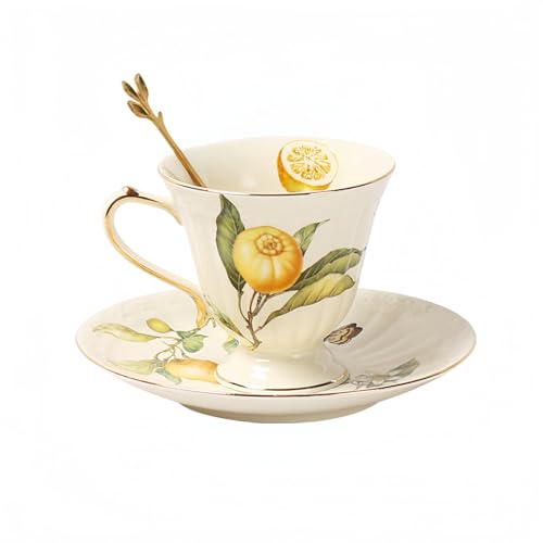 コーヒーカップ&ソーサーセット 北欧風デザイン・かわいい花柄・おしゃれなティーカップ | セラミック製・容量200ml・カップ9.3×8.5cm ソーサー直径15.5cm | 結婚祝い・母の日・ギフト向け (D)