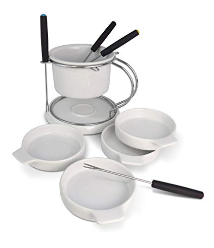 Le Regalo 11 Piece Ceramic Fondue Set - 1 Fondue Pot, 1 Base Plate, 1 Stainless Steel Stand, 4 Color Coded Forks and 4 Serving Plates - Thumbnail 3