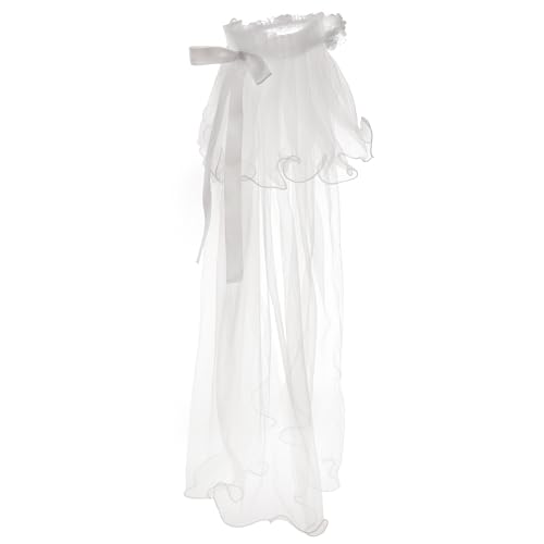 Needzo White Tulle First Communion Veil for Girls, 32 Inches (Faux Pearls and Ribbons)