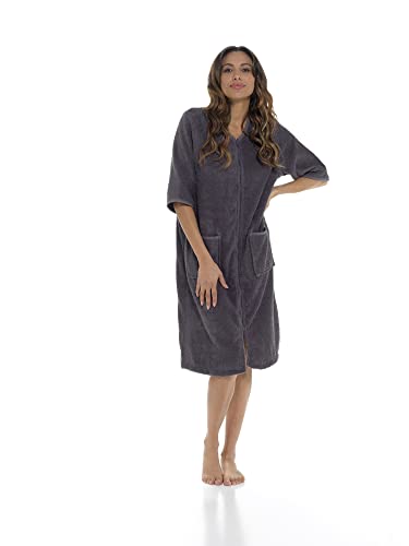 Image of Women's 100% Cotton Terry Zip Bathrobe - Short Sleeve Toweling Robe & Absorbent Housecoat (Grey, Large)